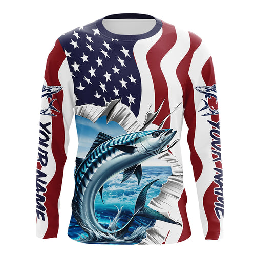 Custom American Flag King Mackerel Long Sleeve Fishing Shirts, Patriotic Kingfish Fishing Jerseys IPHW6608