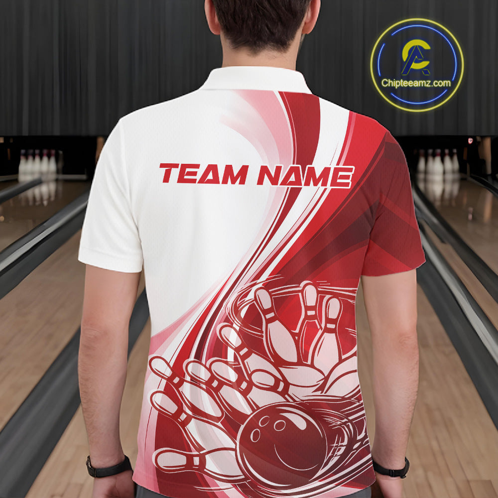 Back view of a male model in a bowling venue wearing a white and red polo shirt, showcasing a dynamic curved bowling ball hitting pins design.