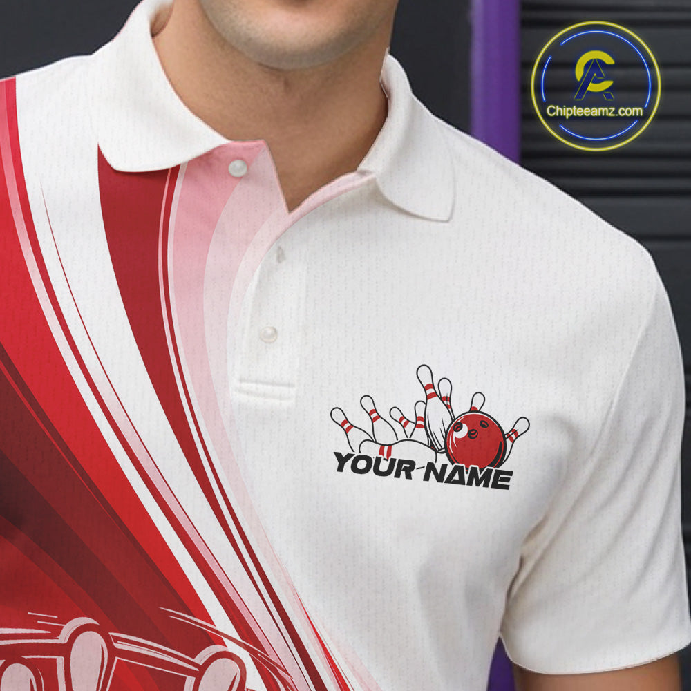 Close-up of the left chest area of a white and red bowling polo shirt, featuring a sweeping curve bowling strike illustration.