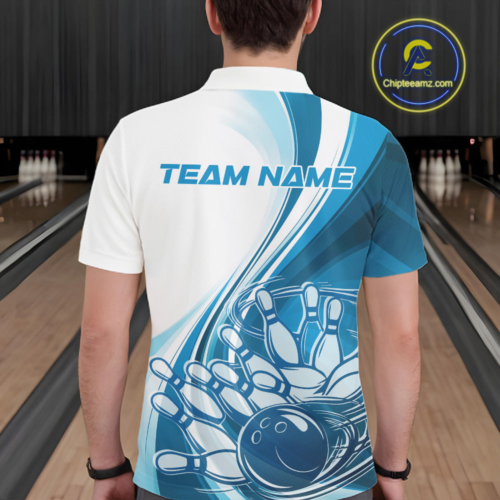 Back view of a male model in a bowling venue wearing a white and blue polo shirt, showcasing a sweeping bowling strike illustration.