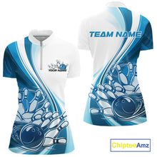 Load image into Gallery viewer, Custom White And Blue Classic Retro Style Women Quarter-Zip Bowling Tournament Shirt IPHW11324