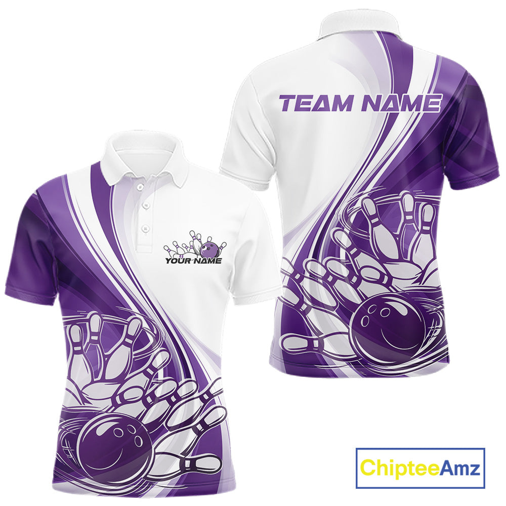Front and back view of a mens bowling polo shirt mockup in white and purple, featuring a sweeping curve bowling ball crashing into pins.