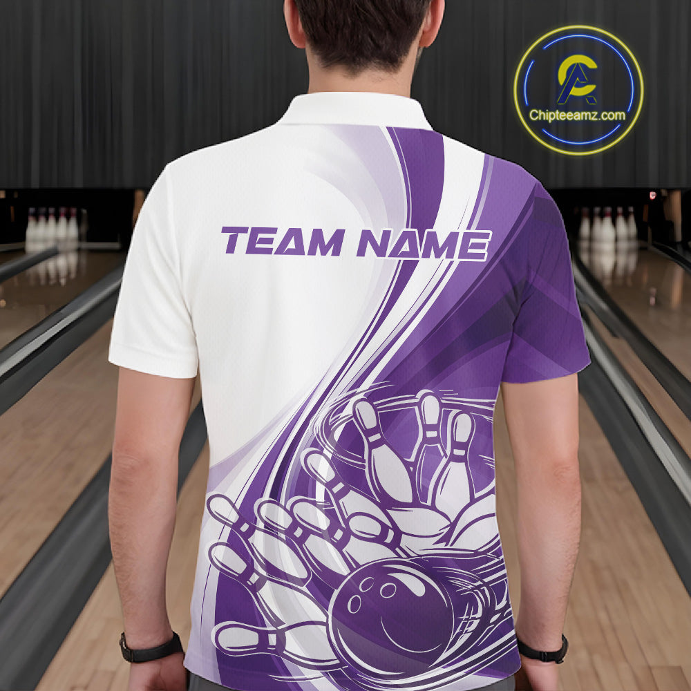 Back view of a male model in a bowling alley wearing a white and purple polo shirt, showcasing sweeping curve bowling action illustration.