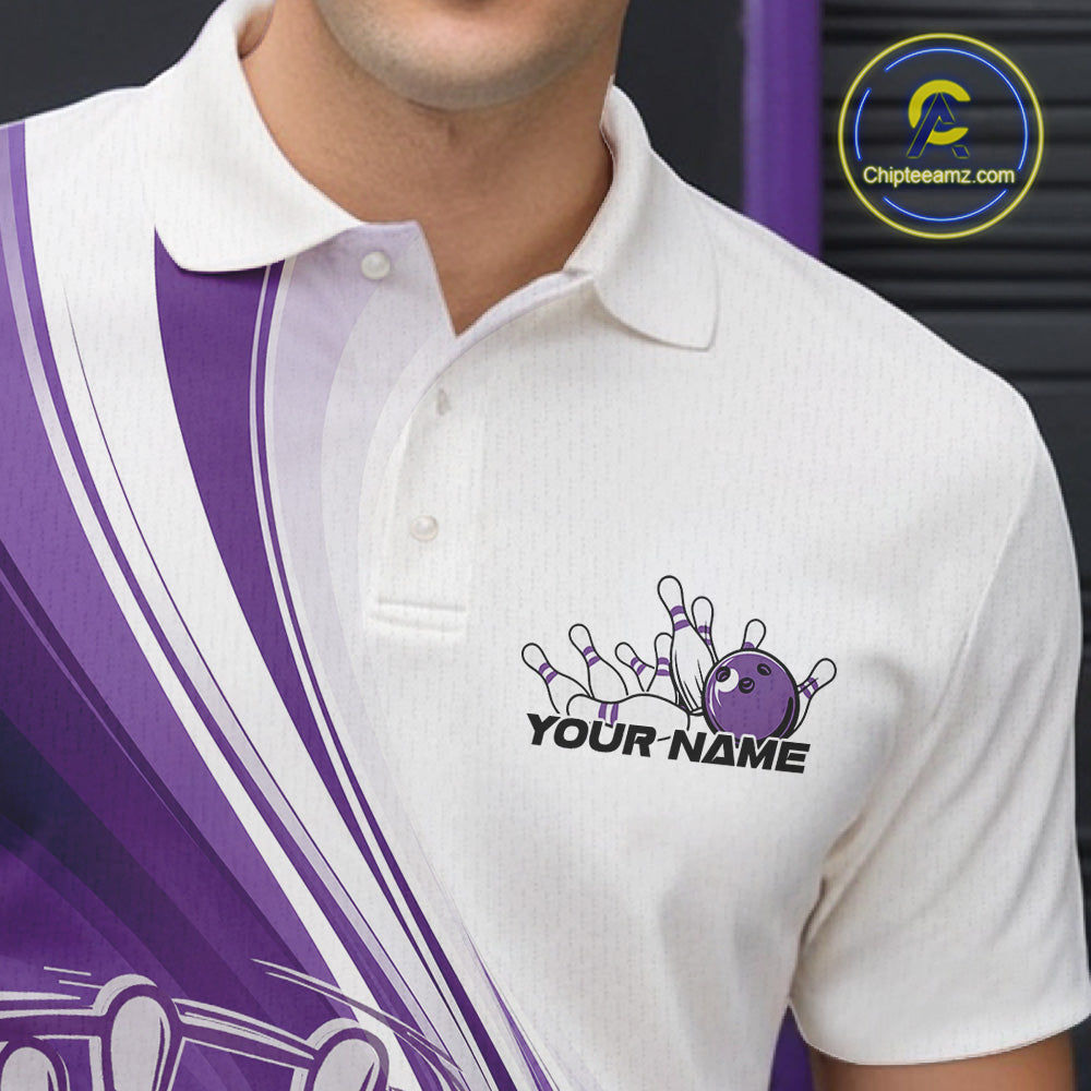 Close-up of the left chest area of a white and purple bowling polo shirt, featuring a dynamic bowling strike curved motion design.