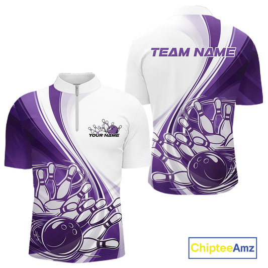 Front and back view of a mens bowling quarter zip shirt mockup in white and purple, showing a dynamic sweeping curve design with bowling ball action.