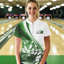 Load image into Gallery viewer, Custom White And Green Classic Retro Style Women Quarter-Zip Bowling Tournament Shirt IPHW11326