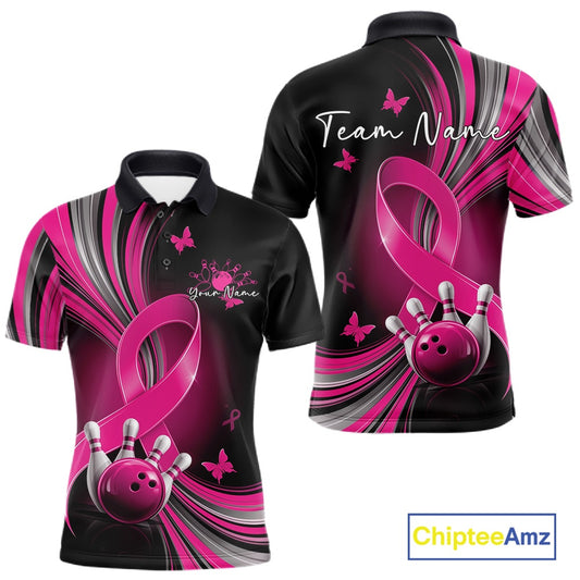 Front and back mockup of a mens black and pink bowling polo showcasing breast cancer awareness ribbons, small butterflies, and bowling graphics