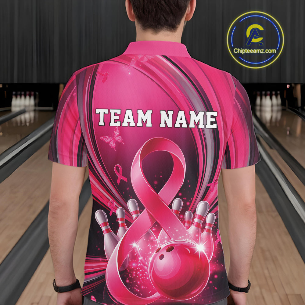 Back view of a male model in a pink and black bowling polo with breast cancer awareness ribbon artwork and bowling graphics