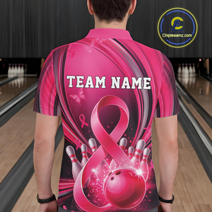 Back view of a male model in a pink and black bowling polo with breast cancer awareness ribbon artwork and bowling graphics