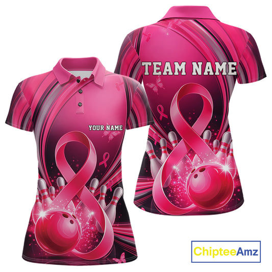 Front and back mockup of a women's pink and black bowling polo showcasing breast cancer awareness ribbon graphics and bowling artwork