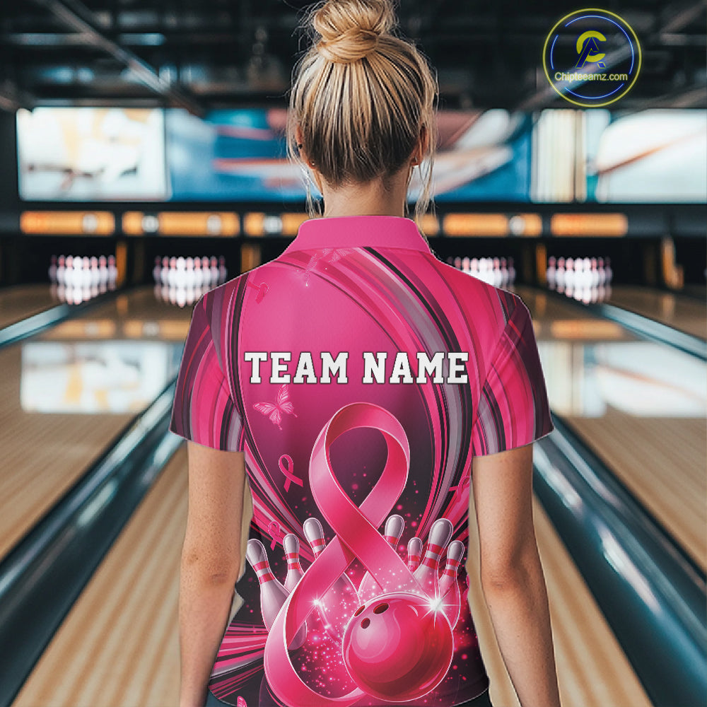 Back view of a female model wearing a pink and black bowling polo with breast cancer awareness ribbon artwork and bowling graphics