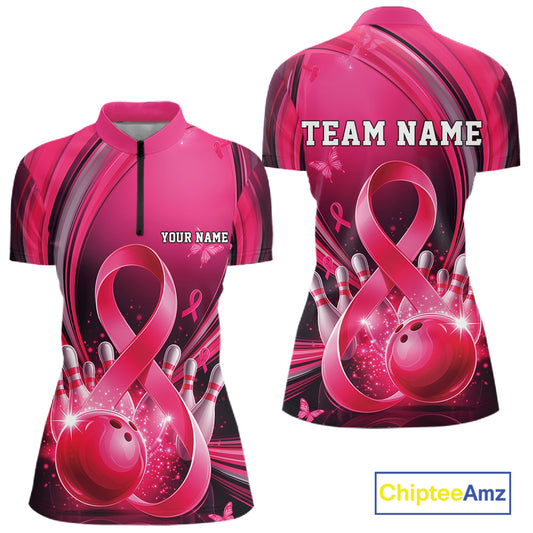 Front and back mockup of a womens pink and black bowling quarter zip featuring breast cancer awareness ribbons and bowling graphics