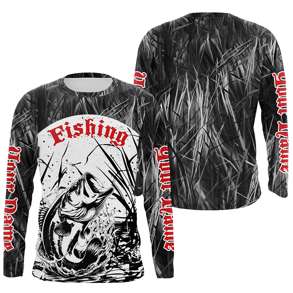 Largemouth Bass Fishing Gray Camo Custom 3D Full Printing Shirts, Bass Long Sleeve Fishing Shirts IPHW6643