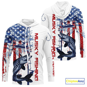 Custom Patriotic Musky Long Sleeve Hooded Fishing Shirt, Watercolor US Flag Muskie Fishing Jersey IPHW9163