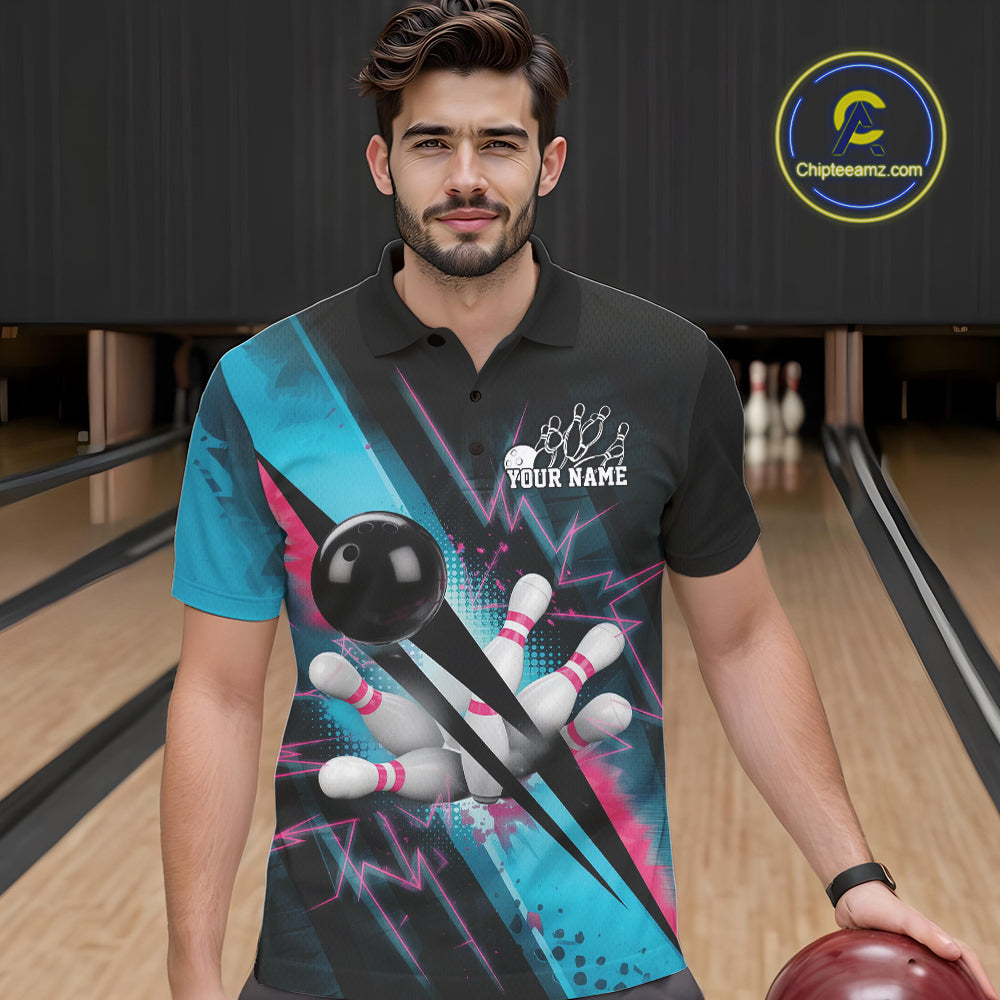 Custom Blue And Pink Synthwave Style Bowling Polo Shirts For Men, Team Bowling League Shirt IPHW9514