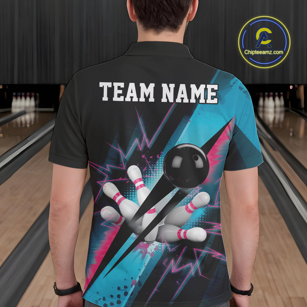 Custom Blue And Pink Synthwave Style Bowling Polo Shirts For Men, Team Bowling League Shirt IPHW9514