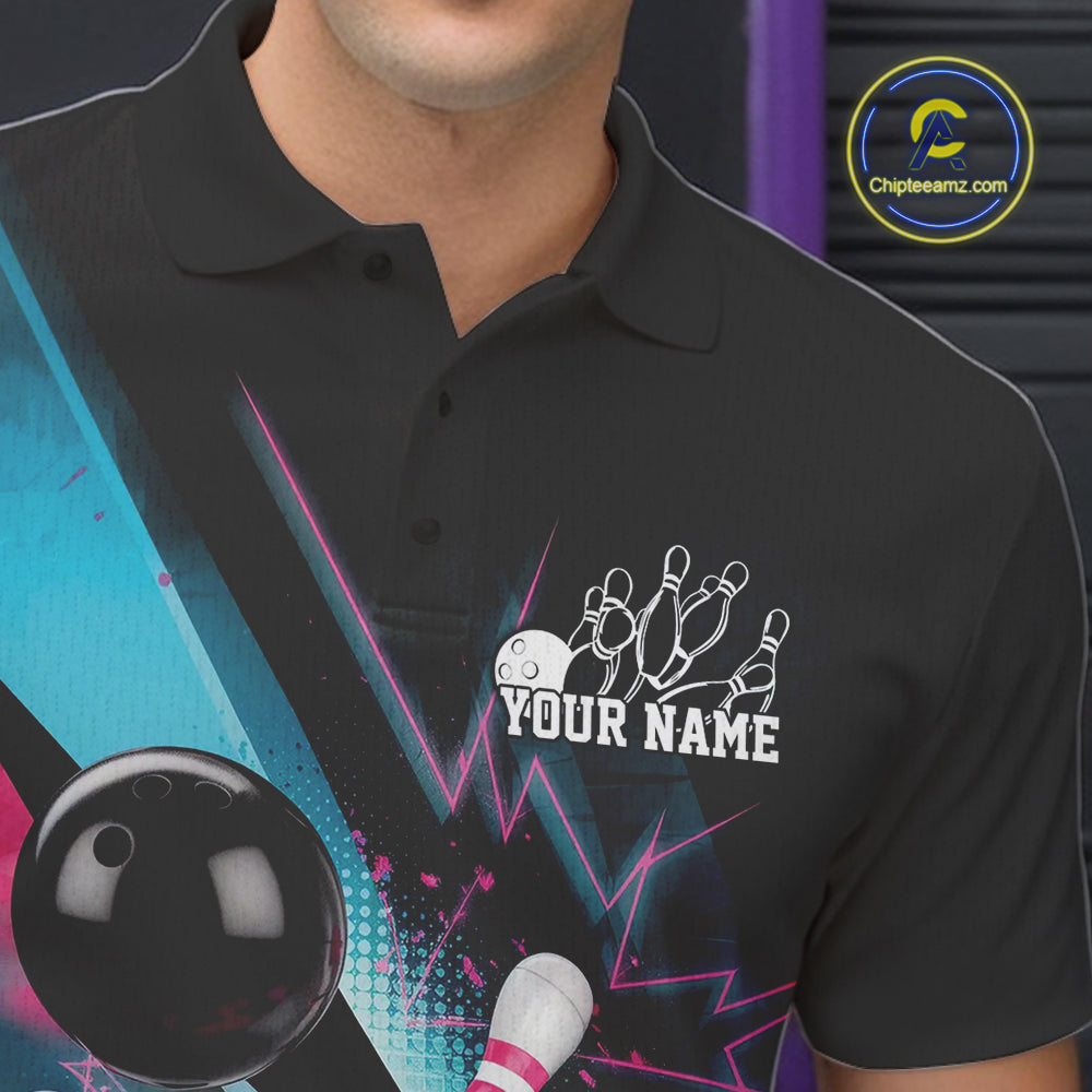 Custom Blue And Pink Synthwave Style Bowling Polo Shirts For Men, Team Bowling League Shirt IPHW9514