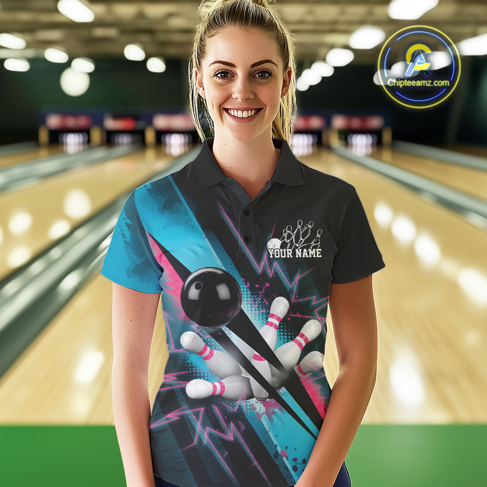Custom Blue And Pink Synthwave Style Bowling Women Polo Shirt, Team Bowling League Shirt IPHW9514