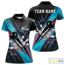 Load image into Gallery viewer, Custom Blue And Pink Synthwave Style Bowling Women Polo Shirt, Team Bowling League Shirt IPHW9514