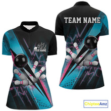 Load image into Gallery viewer, Custom Blue Pink Synthwave Style Bowling Women Quarter-Zip Shirt, Bowling League Shirt IPHW9514