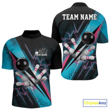 Load image into Gallery viewer, Custom Blue And Pink Synthwave Style Bowling Men Quarter-Zip Shirt, Team Bowling League Shirt IPHW9514