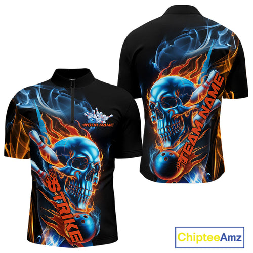 Custom Blue And Orange Fire Flame Strike Skull Bowling Men Quarter-Zip Shirt, Halloween Outfit IPHW9890