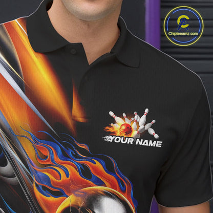 Custom Fire Flame Metal Skull Bowling Men Polo Shirt, Halloween Bowler Outfits IPHW9891