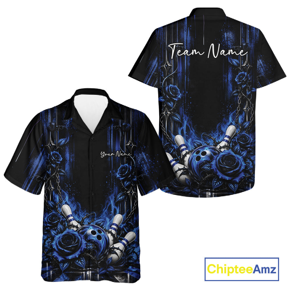 Custom Blue Roses Bowling Team Men And Women Button Up Shirt, Flower Bowling Jersey Gift Bowlers Outfit IPHW12229