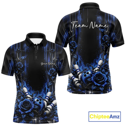 Custom Blue Roses Bowling Team Men Polo Shirt, Flower Bowling Jersey Gift Bowlers Outfit IPHW12229