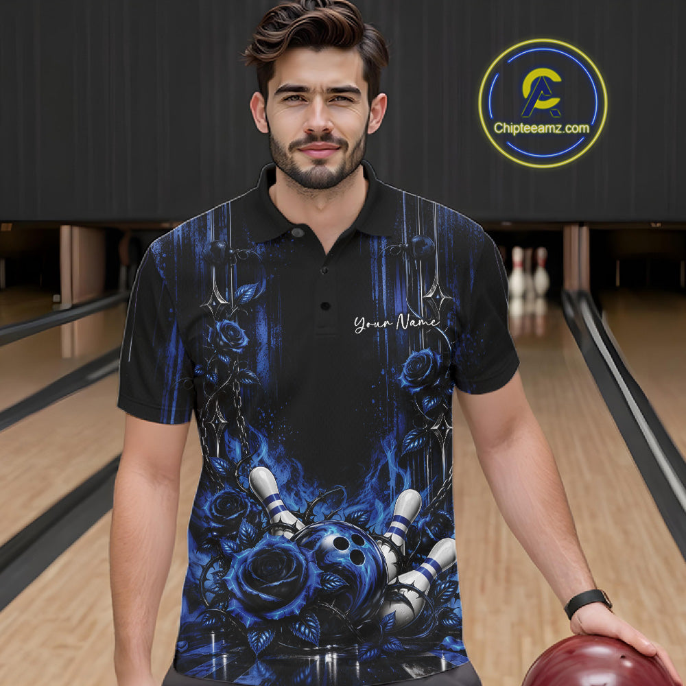 Custom Blue Roses Bowling Team Men Polo Shirt, Flower Bowling Jersey Gift Bowlers Outfit IPHW12229