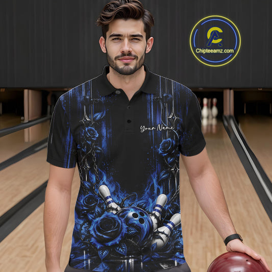 Custom Blue Roses Bowling Team Men Polo Shirt, Flower Bowling Jersey Gift Bowlers Outfit IPHW12229