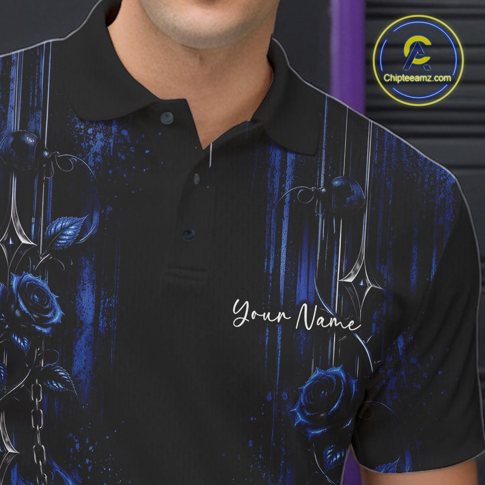 Custom Blue Roses Bowling Team Men Polo Shirt, Flower Bowling Jersey Gift Bowlers Outfit IPHW12229