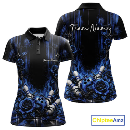 Custom Blue Roses Bowling Team Women Polo Shirt, Flower Bowling Jersey Gift Bowlers Outfit IPHW12229