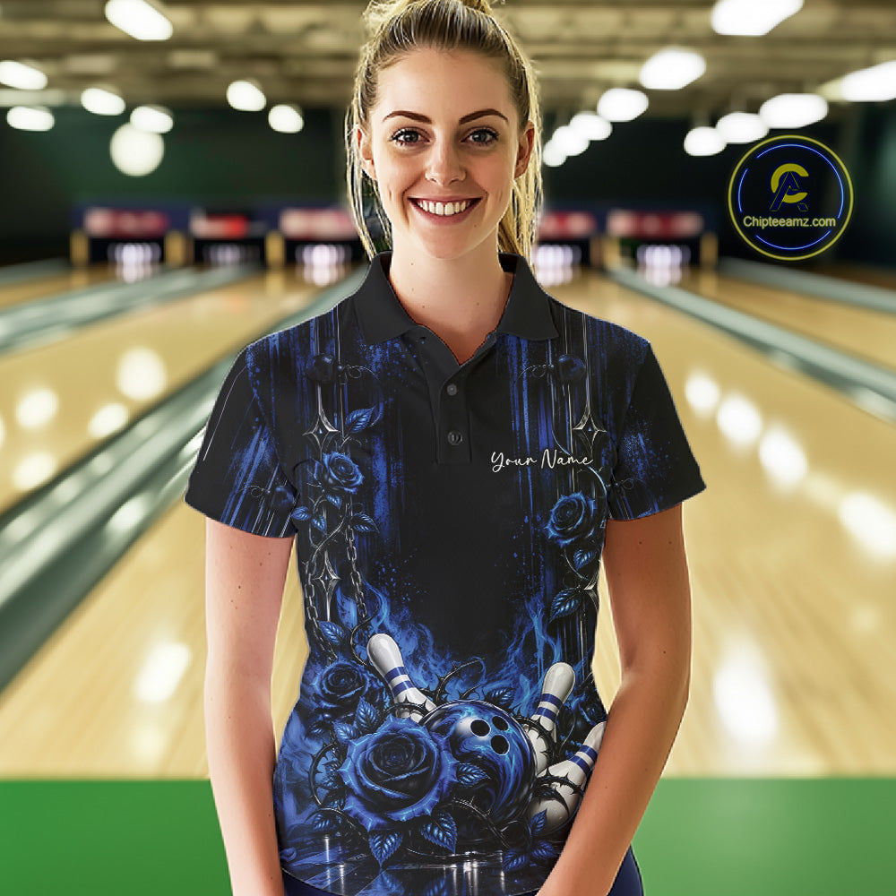 Custom Blue Roses Bowling Team Women Polo Shirt, Flower Bowling Jersey Gift Bowlers Outfit IPHW12229