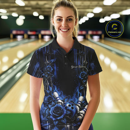 Custom Blue Roses Bowling Team Women Polo Shirt, Flower Bowling Jersey Gift Bowlers Outfit IPHW12229