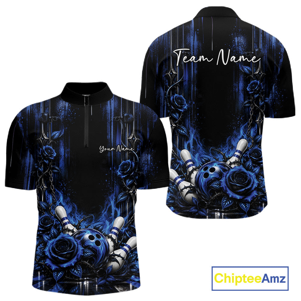Custom Blue Roses Bowling Team Men Quarter Zip Shirt, Flower Bowling Jersey Gift Bowlers Outfit IPHW12229