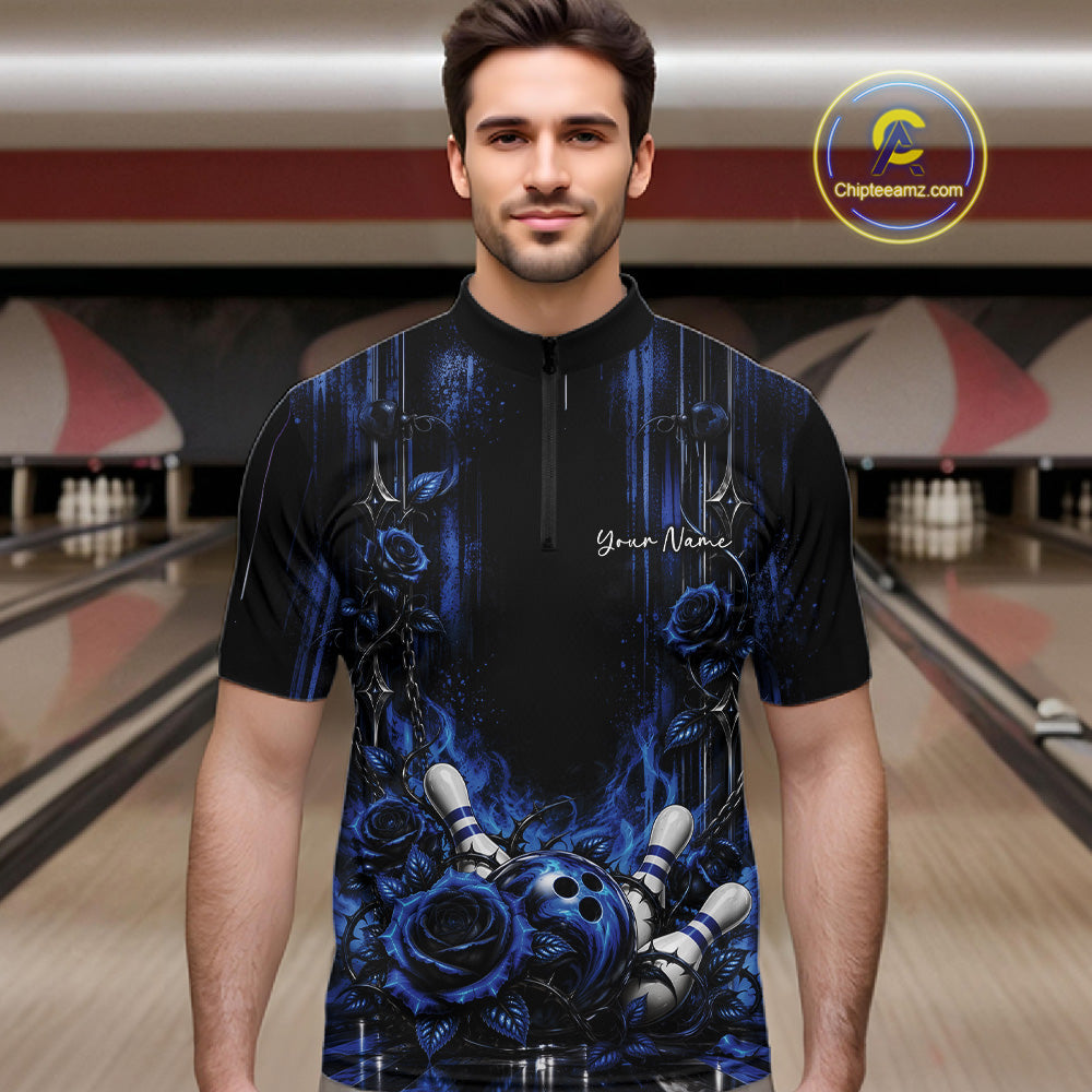 Custom Blue Roses Bowling Team Men Quarter Zip Shirt, Flower Bowling Jersey Gift Bowlers Outfit IPHW12229