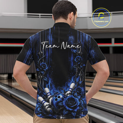 Custom Blue Roses Bowling Team Men Quarter Zip Shirt, Flower Bowling Jersey Gift Bowlers Outfit IPHW12229