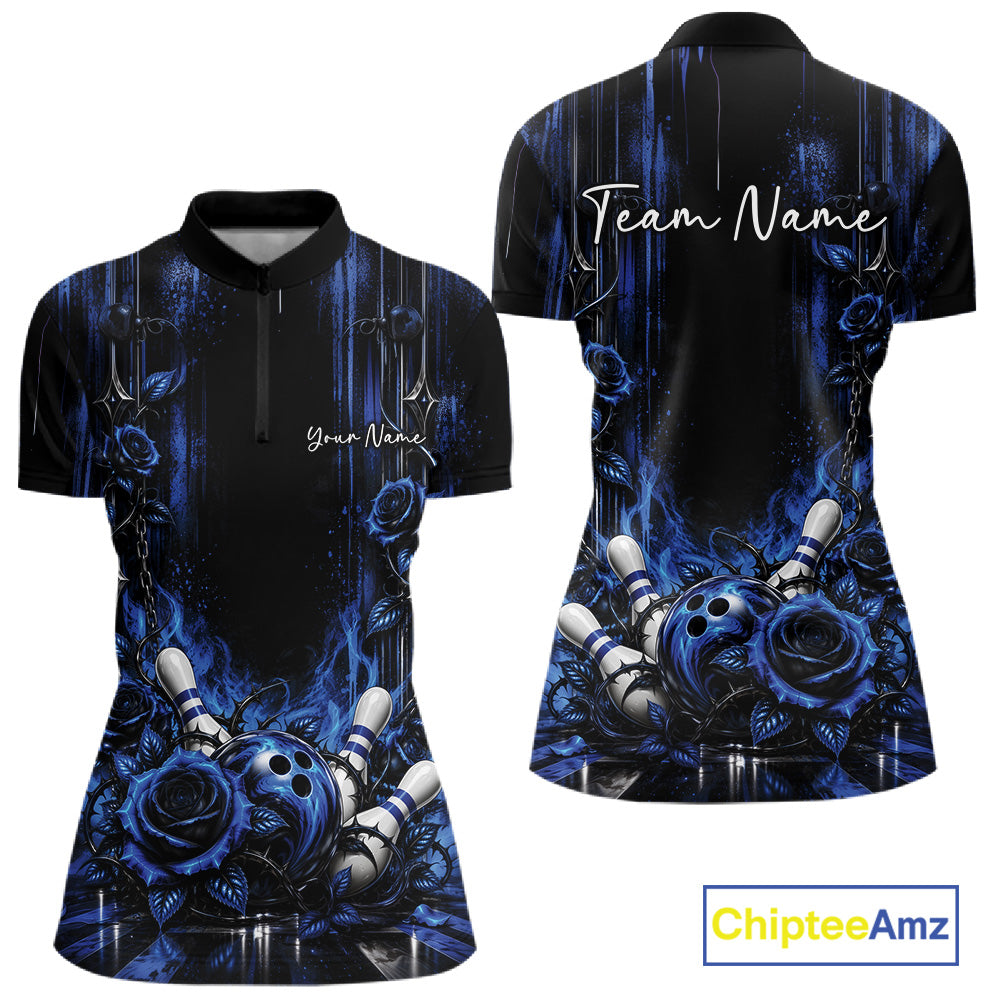 Custom Blue Roses Bowling Women Quarter-Zip Shirt, Flower Bowling Jersey Gift IPHW12229