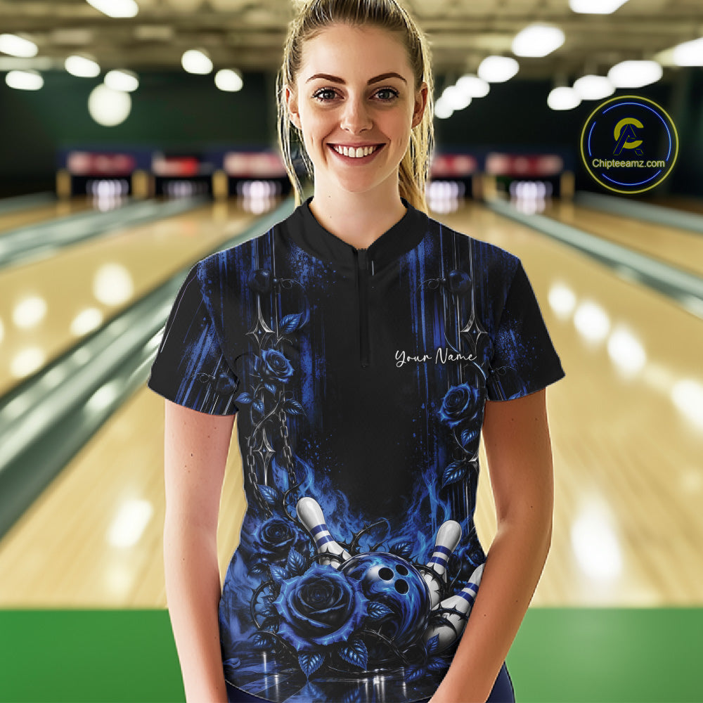Custom Blue Roses Bowling Women Quarter-Zip Shirt, Flower Bowling Jersey Gift IPHW12229