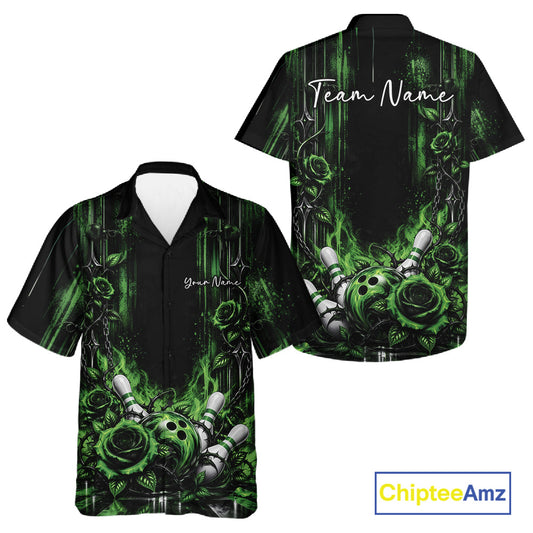 Custom Green Roses Bowling Team Men And Women Button Up Shirt, Flower Bowling Jersey Gift Bowlers Outfit IPHW12230
