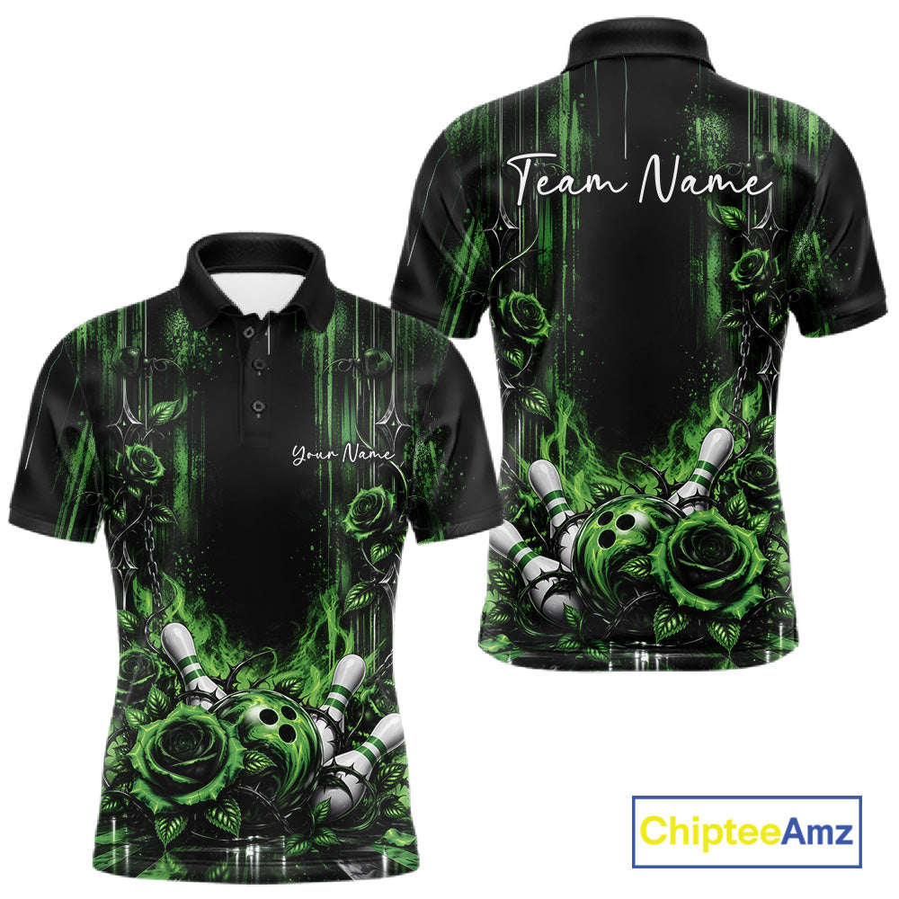 Custom Green Roses Bowling Team Men Polo Shirt, Flower Bowling Jersey Gift Bowlers Outfit IPHW12230