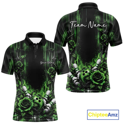 Custom Green Roses Bowling Team Men Polo Shirt, Flower Bowling Jersey Gift Bowlers Outfit IPHW12230