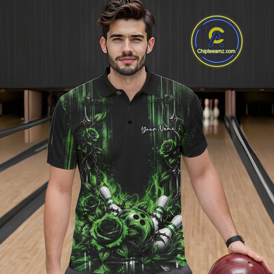 Custom Green Roses Bowling Team Men Polo Shirt, Flower Bowling Jersey Gift Bowlers Outfit IPHW12230
