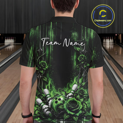Custom Green Roses Bowling Team Men Polo Shirt, Flower Bowling Jersey Gift Bowlers Outfit IPHW12230