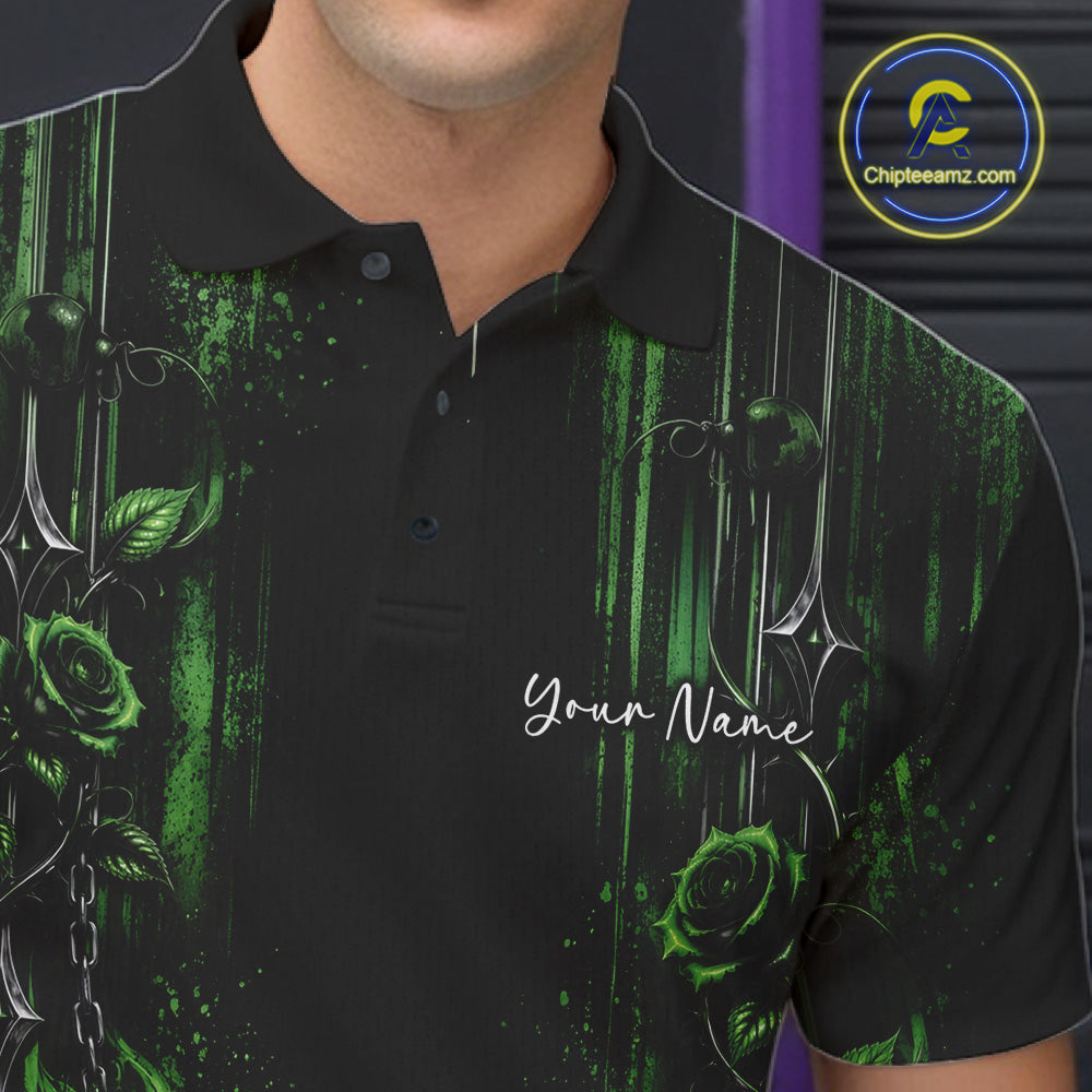 Custom Green Roses Bowling Team Men Polo Shirt, Flower Bowling Jersey Gift Bowlers Outfit IPHW12230