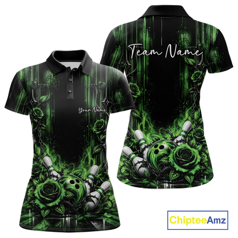 Custom Green Roses Bowling Team Women Polo Shirt, Flower Bowling Jersey Gift Bowlers Outfit IPHW12230