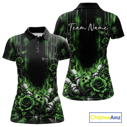 Custom Green Roses Bowling Team Women Polo Shirt, Flower Bowling Jersey Gift Bowlers Outfit IPHW12230