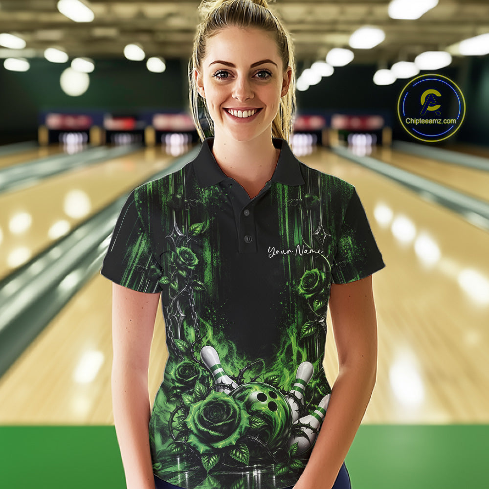 Custom Green Roses Bowling Team Women Polo Shirt, Flower Bowling Jersey Gift Bowlers Outfit IPHW12230