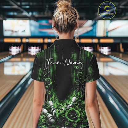 Custom Green Roses Bowling Team Women Polo Shirt, Flower Bowling Jersey Gift Bowlers Outfit IPHW12230